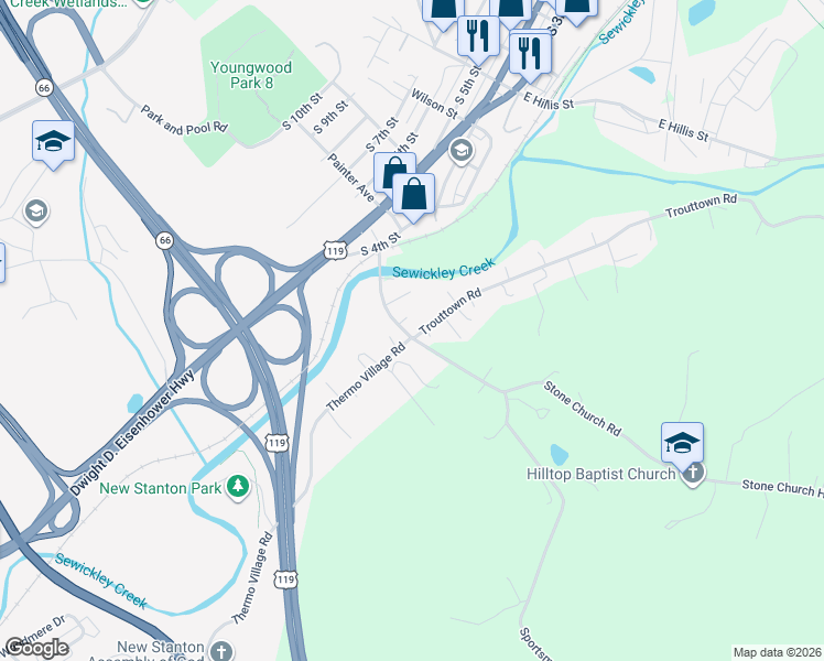 map of restaurants, bars, coffee shops, grocery stores, and more near 145 Stone Church Road in Hunker