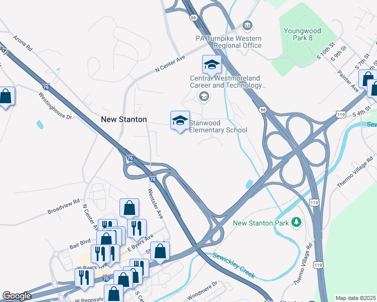 map of restaurants, bars, coffee shops, grocery stores, and more near 255 Arona Road in New Stanton