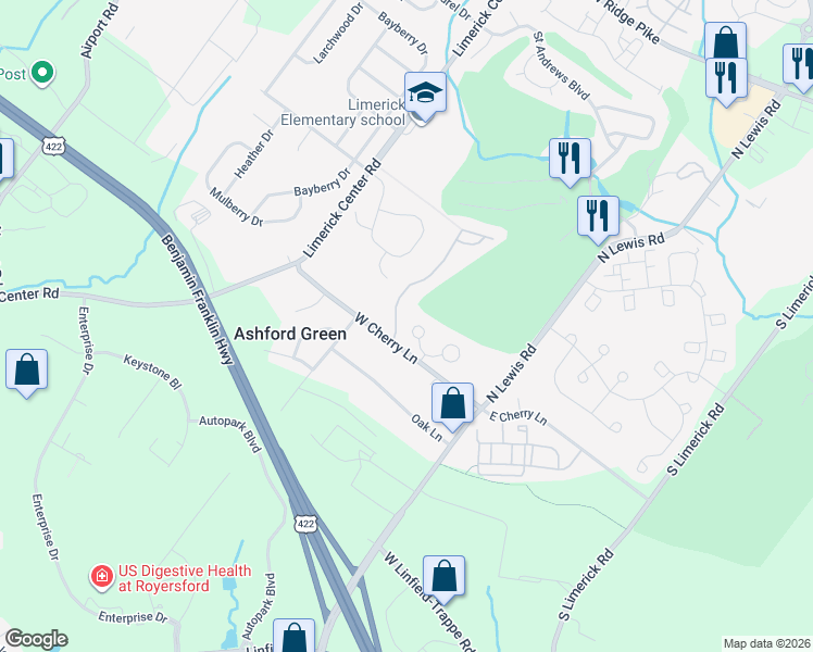 map of restaurants, bars, coffee shops, grocery stores, and more near 215 Troon Court in Royersford