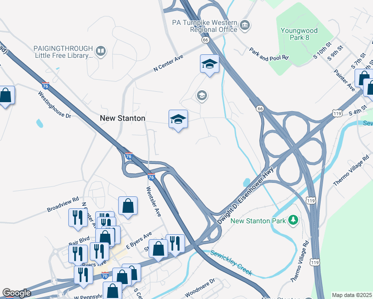 map of restaurants, bars, coffee shops, grocery stores, and more near 255 Arona Road in New Stanton