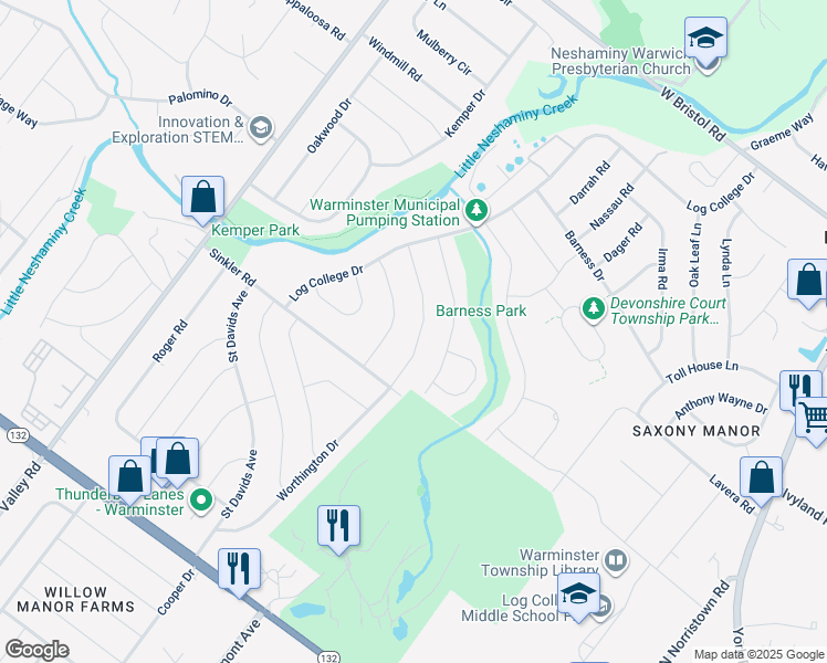 map of restaurants, bars, coffee shops, grocery stores, and more near 946 Worthington Drive in Warminster