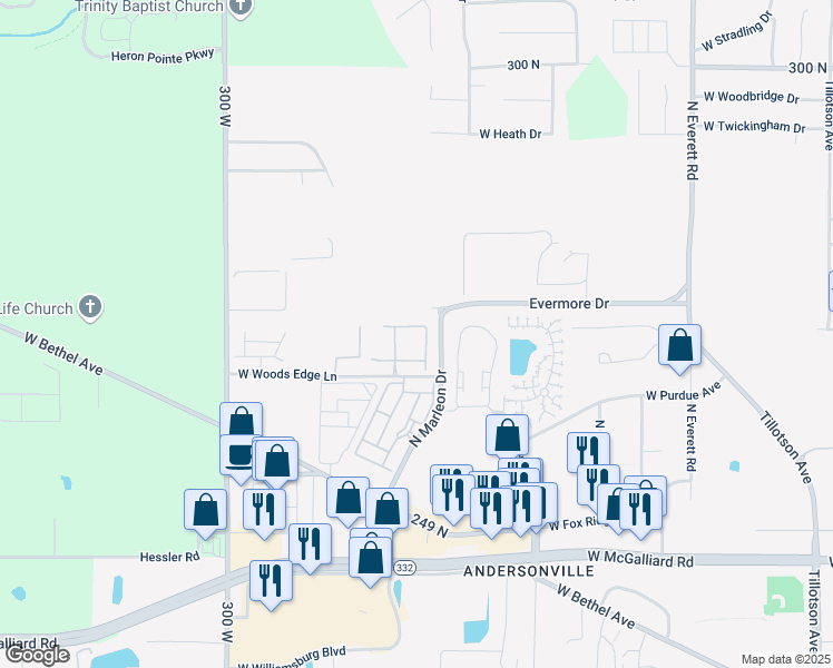 map of restaurants, bars, coffee shops, grocery stores, and more near 4222 West Woods Edge Lane in Muncie