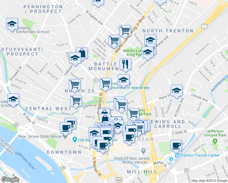 map of restaurants, bars, coffee shops, grocery stores, and more near 429 North Montgomery Street in Trenton