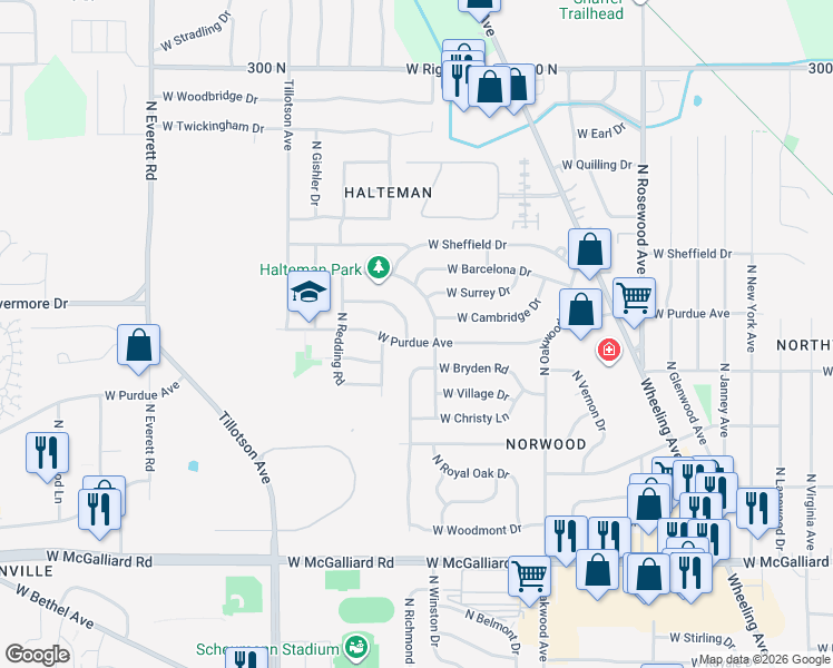 map of restaurants, bars, coffee shops, grocery stores, and more near 2404 West Purdue Avenue in Muncie