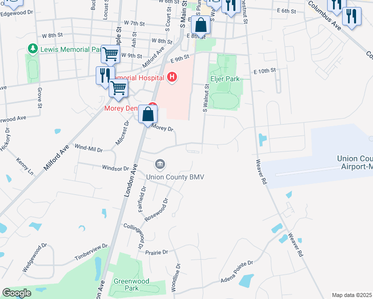 map of restaurants, bars, coffee shops, grocery stores, and more near 203 Professional Parkway in Marysville