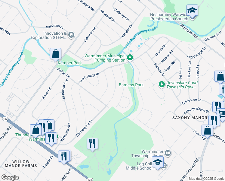 map of restaurants, bars, coffee shops, grocery stores, and more near 946 Worthington Drive in Warminster