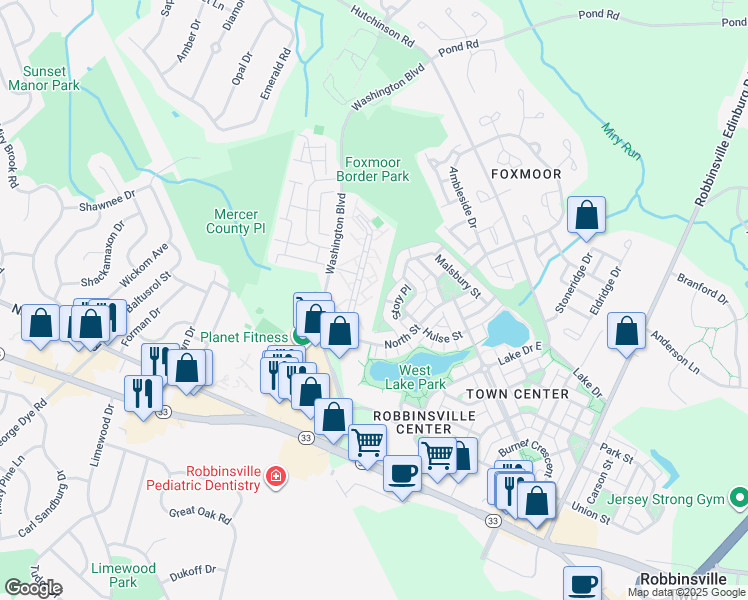 map of restaurants, bars, coffee shops, grocery stores, and more near 91 Wyndham Place in Robbinsville Township