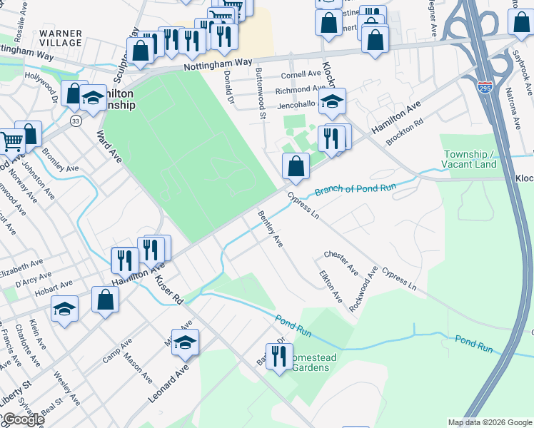 map of restaurants, bars, coffee shops, grocery stores, and more near 16 Bentley Avenue in Hamilton Township