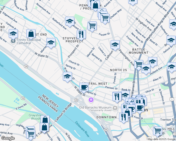 map of restaurants, bars, coffee shops, grocery stores, and more near 241 Church Street in Trenton