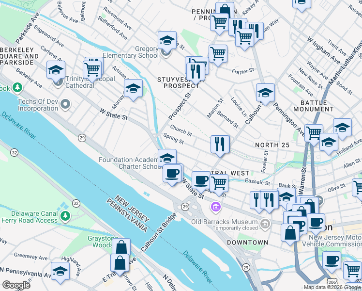 map of restaurants, bars, coffee shops, grocery stores, and more near 206 Passaic Street in Trenton