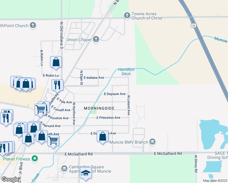 map of restaurants, bars, coffee shops, grocery stores, and more near 2306 E Depauw Ave in Muncie