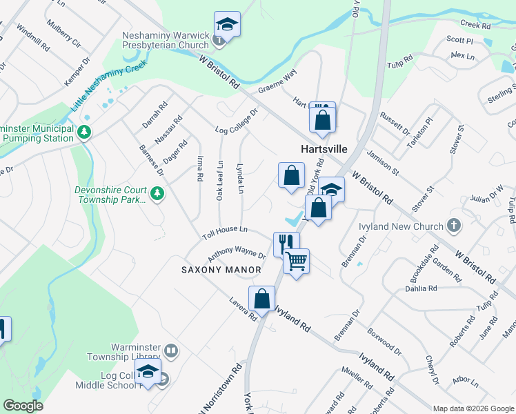 map of restaurants, bars, coffee shops, grocery stores, and more near 117 Weber Road in Warminster