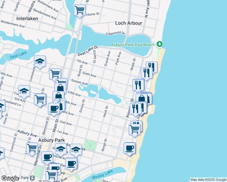 map of restaurants, bars, coffee shops, grocery stores, and more near 309 Sunset Avenue in Asbury Park