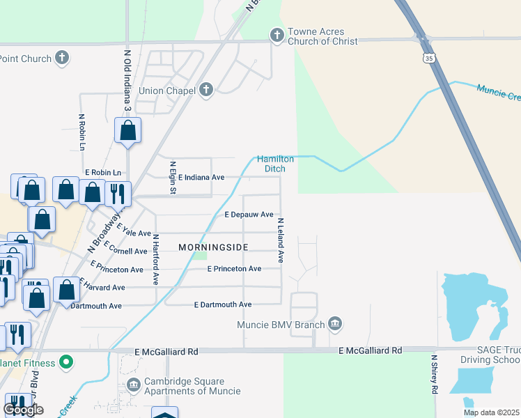 map of restaurants, bars, coffee shops, grocery stores, and more near 2306 East Depauw Avenue in Muncie