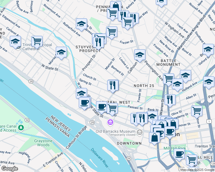 map of restaurants, bars, coffee shops, grocery stores, and more near 239 Church Street in Trenton