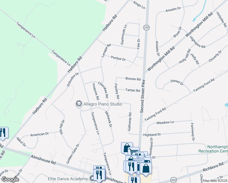 map of restaurants, bars, coffee shops, grocery stores, and more near 36 Paisley Road in Richboro