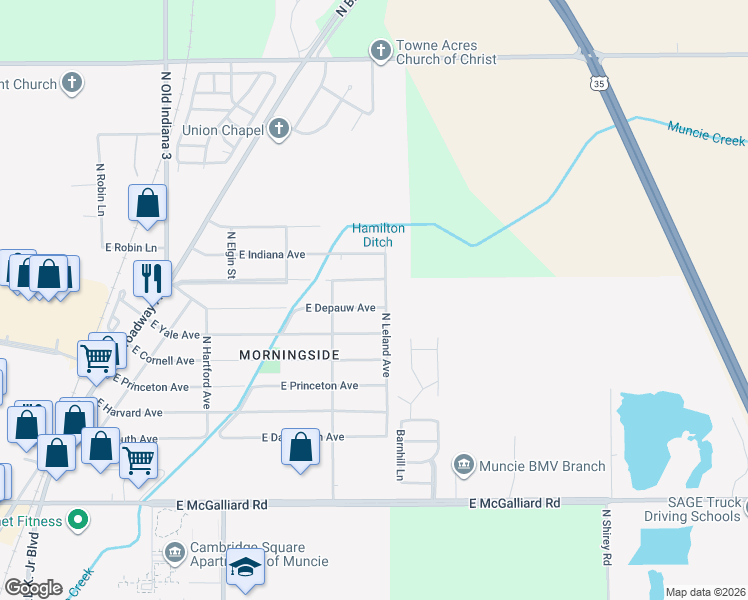 map of restaurants, bars, coffee shops, grocery stores, and more near 2414 East Depauw Avenue in Muncie