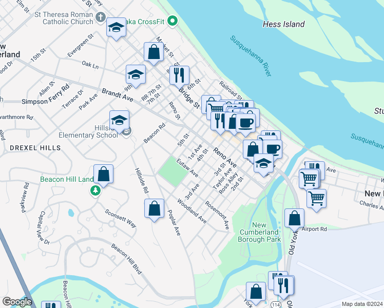 map of restaurants, bars, coffee shops, grocery stores, and more near 412 Geary Avenue in New Cumberland