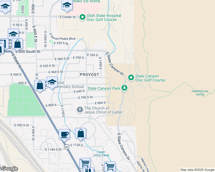 map of restaurants, bars, coffee shops, grocery stores, and more near 595 South 1500 East in Provo