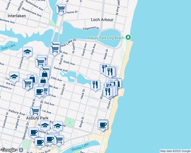 map of restaurants, bars, coffee shops, grocery stores, and more near 309 Sunset Avenue in Asbury Park