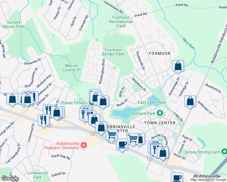 map of restaurants, bars, coffee shops, grocery stores, and more near 91 Wyndham Place in Robbinsville Township