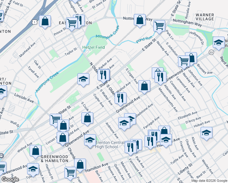 map of restaurants, bars, coffee shops, grocery stores, and more near 49 South Olden Avenue in Trenton