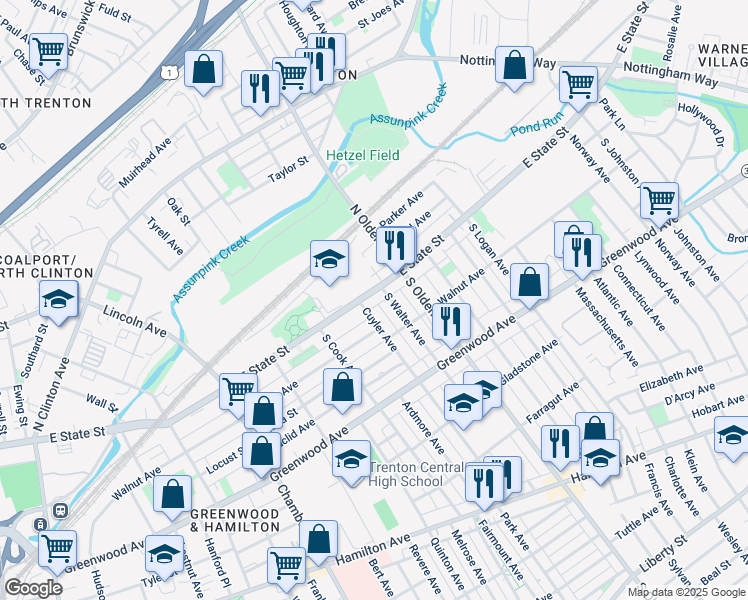 map of restaurants, bars, coffee shops, grocery stores, and more near 29 South Walter Avenue in Trenton