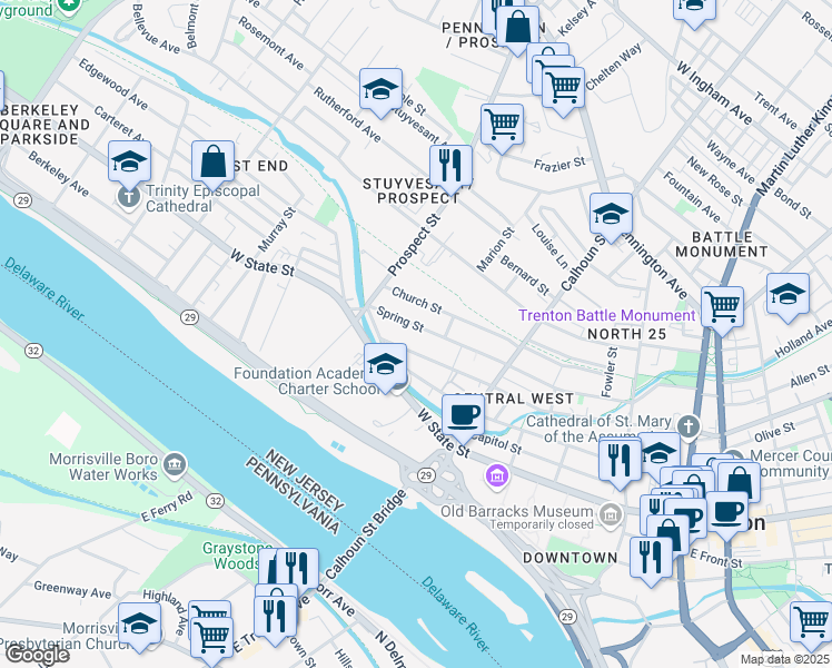 map of restaurants, bars, coffee shops, grocery stores, and more near 206 Passaic Street in Trenton