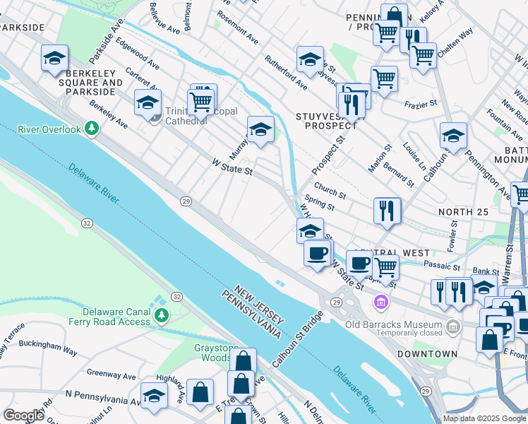 map of restaurants, bars, coffee shops, grocery stores, and more near 17 Richey Place in Trenton
