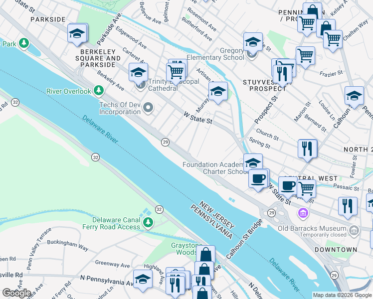 map of restaurants, bars, coffee shops, grocery stores, and more near 462 Riverside Avenue in Trenton