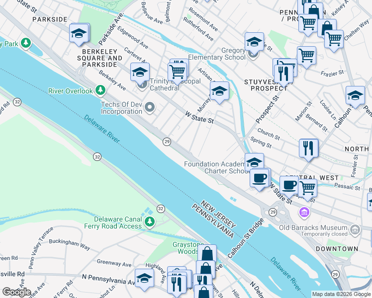 map of restaurants, bars, coffee shops, grocery stores, and more near 488 Riverside Avenue in Trenton