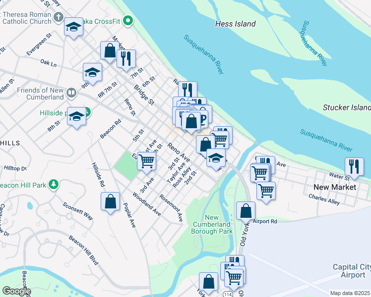 map of restaurants, bars, coffee shops, grocery stores, and more near 324 3rd Street in New Cumberland