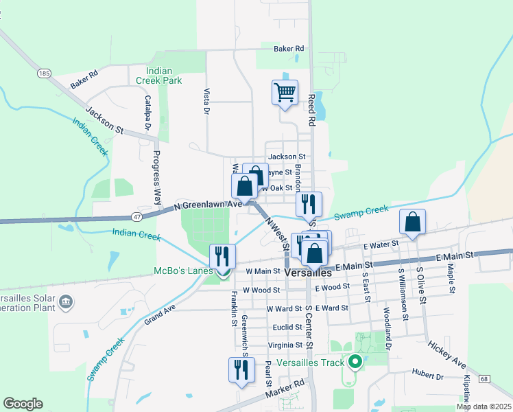 map of restaurants, bars, coffee shops, grocery stores, and more near 240 North West Street in Versailles