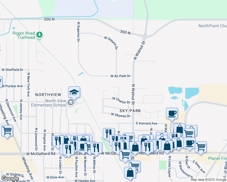 map of restaurants, bars, coffee shops, grocery stores, and more near 3905 North Franklin Street in Muncie
