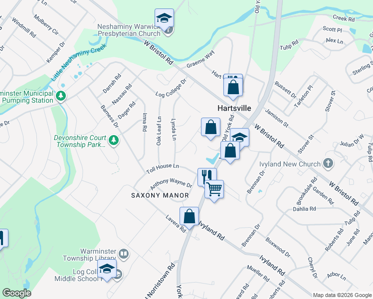 map of restaurants, bars, coffee shops, grocery stores, and more near 117 Weber Road in Warminster