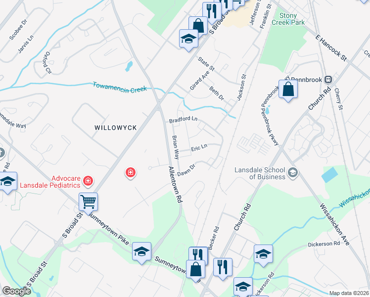 map of restaurants, bars, coffee shops, grocery stores, and more near 142 Eric Lane in Lansdale
