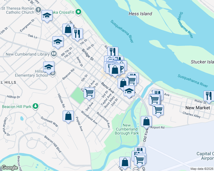 map of restaurants, bars, coffee shops, grocery stores, and more near 308 Reno Avenue in New Cumberland