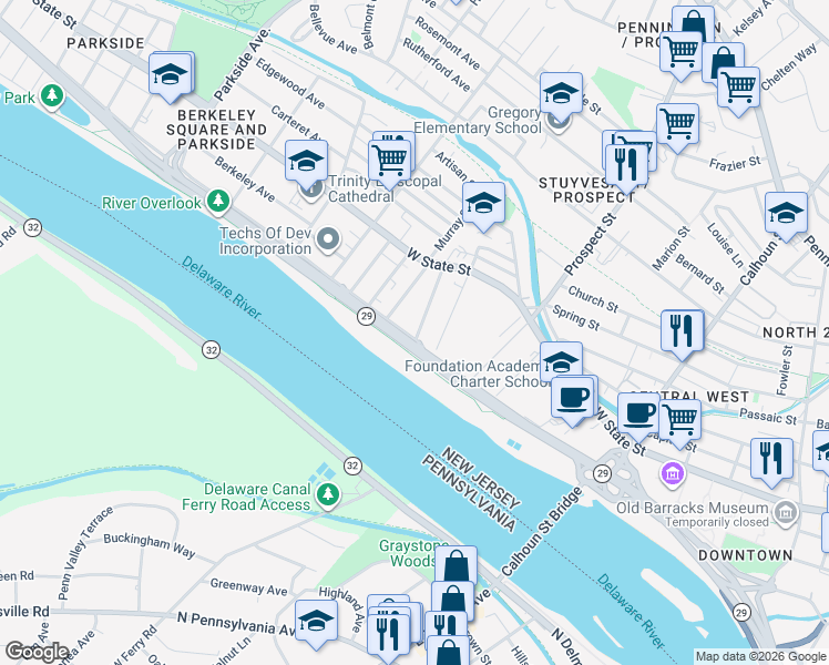 map of restaurants, bars, coffee shops, grocery stores, and more near 462 Riverside Avenue in Trenton