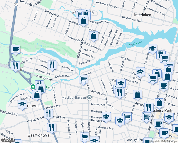map of restaurants, bars, coffee shops, grocery stores, and more near 1621 4th Avenue in Asbury Park