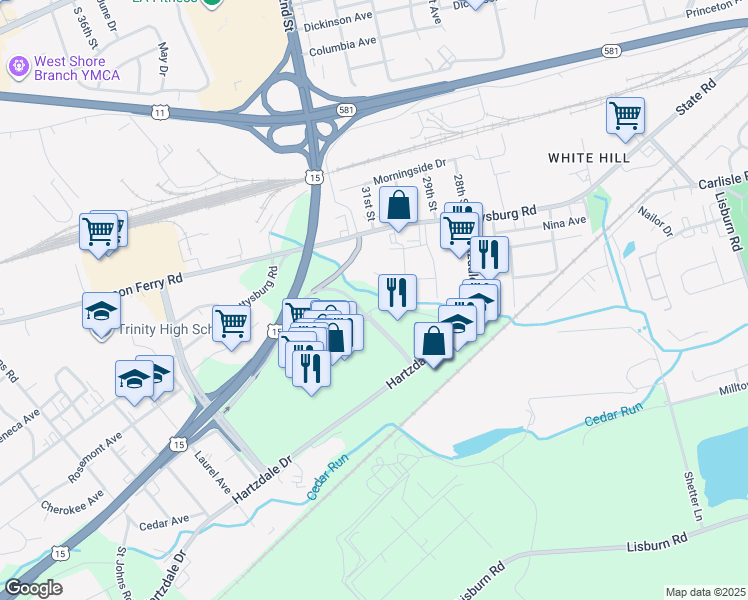 map of restaurants, bars, coffee shops, grocery stores, and more near in Shiremanstown