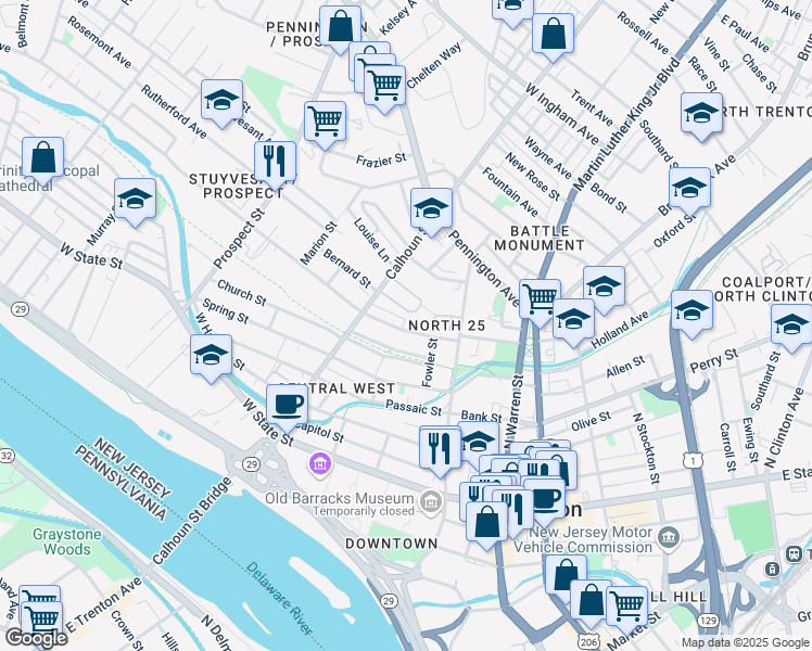 map of restaurants, bars, coffee shops, grocery stores, and more near 58 Bellevue Avenue in Trenton