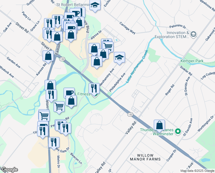 map of restaurants, bars, coffee shops, grocery stores, and more near 623 Addison Way in Warrington