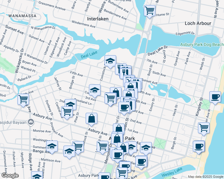 map of restaurants, bars, coffee shops, grocery stores, and more near 921 4th Avenue in Asbury Park