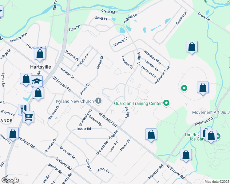 map of restaurants, bars, coffee shops, grocery stores, and more near 102 Alexander Court in Warwick