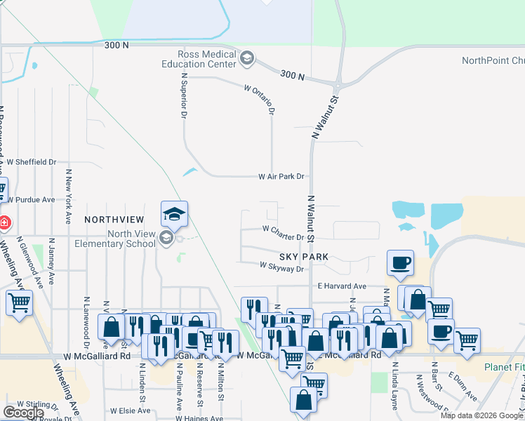 map of restaurants, bars, coffee shops, grocery stores, and more near 405 West Piper Court in Muncie