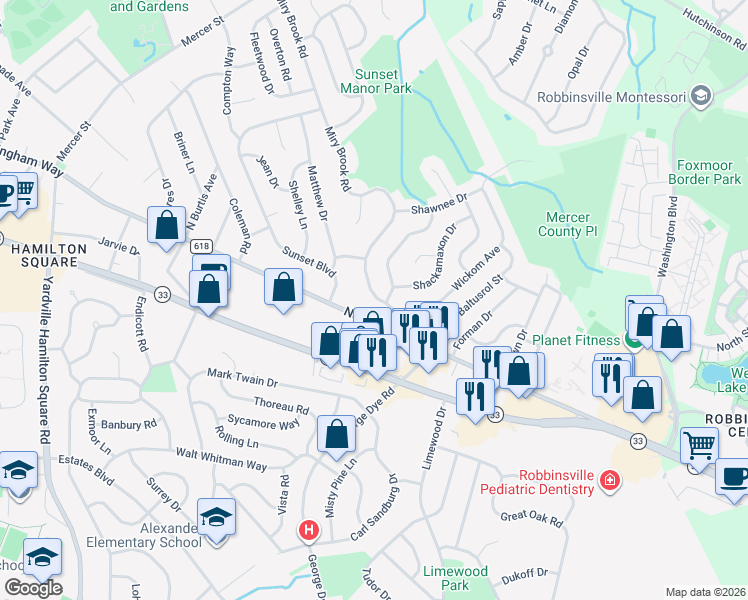 map of restaurants, bars, coffee shops, grocery stores, and more near 12 Miry Brook Road in Hamilton Township