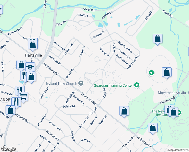 map of restaurants, bars, coffee shops, grocery stores, and more near 102 Alexander Court in Warwick