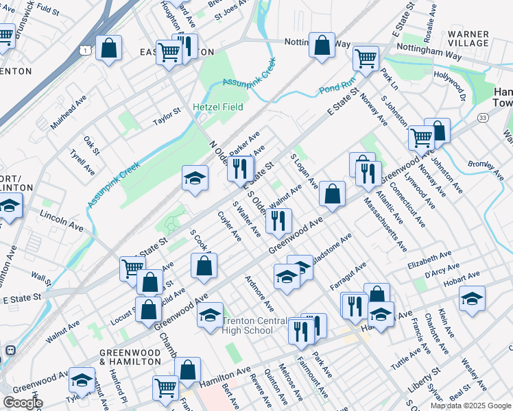 map of restaurants, bars, coffee shops, grocery stores, and more near 49 South Olden Avenue in Trenton
