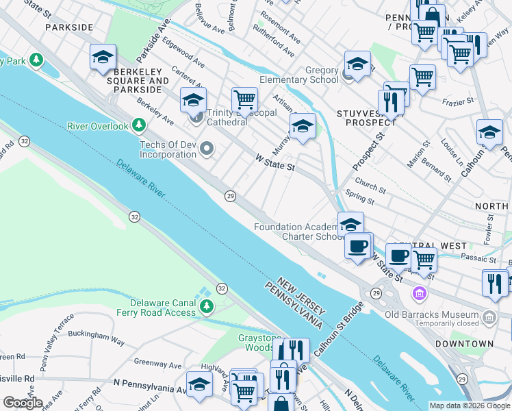 map of restaurants, bars, coffee shops, grocery stores, and more near 488 Riverside Avenue in Trenton