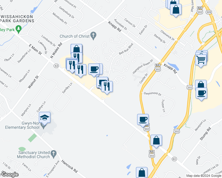 map of restaurants, bars, coffee shops, grocery stores, and more near 1108 Barbara's Court in North Wales